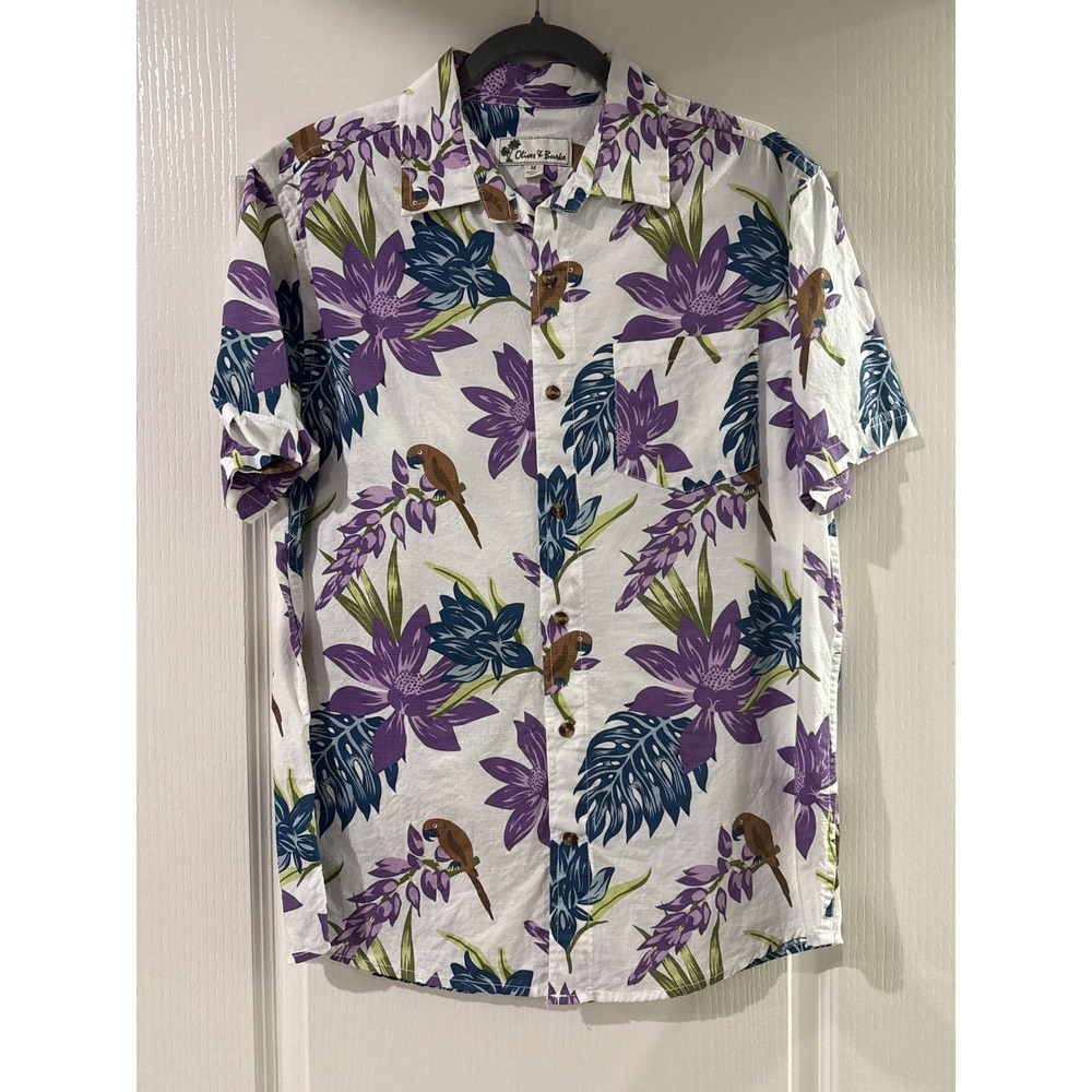 Oliver & Burke Mens Tropical Parrot Floral Button Down Shirt White Purple Size M